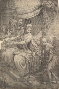 La Sagrada Familia, un ángel sosteniendo flores acercándose desde la derecha, ca. 1550-53 de Andrea Schiavone