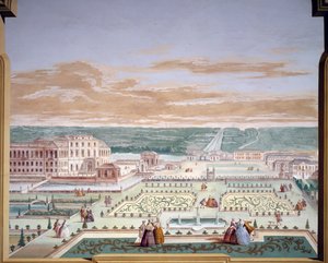 Dibujo de perspectiva de una villa y jardín imaginario, fresco de Andrea Urbani en Villa Pisani, Stra, Veneto. Italia de Andrea Urbani