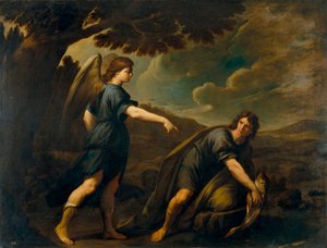 El ángel y Tobías con el pez - Pintura de Andrea Vaccaro (1604-1670), óleo sobre lienzo (199,5x262 cm), hacia 1640, arte italiano de Andrea Vaccaro