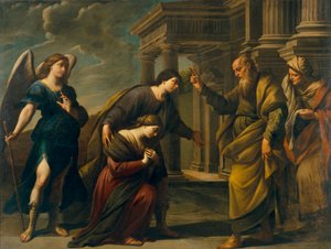 Raguel bendice a su hija Sarah antes de partir hacia Ecbatane con Tobias (la bendición de Raguel de su hija Sarah antes de dejar Ecbatana con Tobias) - Pintura de Andrea Vaccaro (1604-1670), óleo sobre lienzo (200,3x262 cm), alrededor de 1640, arte italian de Andrea Vaccaro