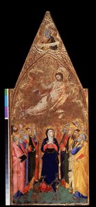 ""La Ascensión de Cristo"" Abajo, La Virgen María y los apóstoles observando a Jesucristo. Arriba, representación del profeta Jeremías. Témpera sobre madera de Andrea Vanni (1332-1414) 1355-1360 Dim. 68x28 cm Museo del Hermitage, San Petersburgo (Saint-Pet de Andrea Vanni
