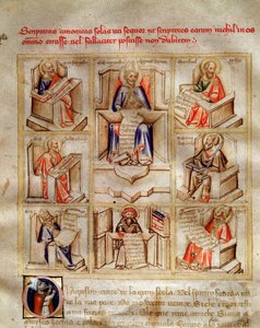 Representación de los doctores de la iglesia: San Juan, San Ambrosio de Milán, San Jerónimo, San Gregorio el Grande y San Pablo en 