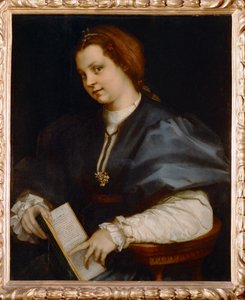 Retrato de niña con el Petrarchino, pequeña edición de poemas de Petrarca (pintura sobre madera)