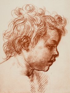 Estudio para la cabeza de San Juan (niño) de la Sagrada Familia, Galería Palatina, Pitti; dibujo de Andrea del Sarto, Gabinetto dei Disegni e Stampe, Galería Uffizi, Florencia
