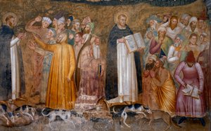 Triunfo de la iglesia militante: Tomás de Aquino ante los herejes y en la parte inferior derecha, Fra Dolcino rasgando la doctrina oficial de la Iglesia. Capilla de los Españoles (detalle) de Andrea di Bonaiuto (fl.1343 77)