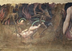 El Triunfo de la Muerte, detalle de un diablo llevándose a un pecador al infierno (detalle)