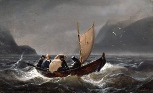 Artistas en clima tormentoso en Sognefjorden de Andreas Achenbach