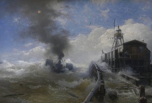 Un remolcador sale del puerto de Ostende con marea alta de Andreas Achenbach