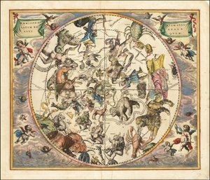 Mapa celeste de 1660 que ilustra las constelaciones del hemisferio norte superpuestas sobre el hemisferio sur de la Tierra. de Andreas Cellarius