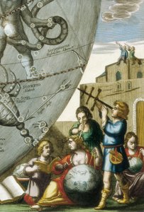 Científicos (astrólogos y astrónomos) estudiando globos y la carta del cielo, (detalle) de Andreas Cellarius