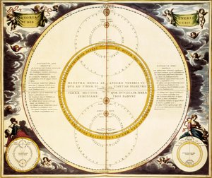 Mapa del cielo y descripción de Venus y Mercurio, grabado por Andreas Cellarius