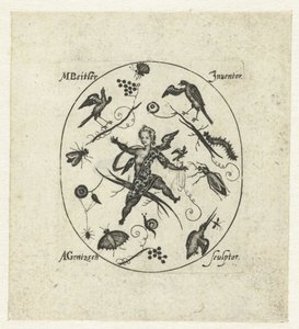 Óvalo con putto rodeado de pájaros, mariposas e insectos. Grotescos modernos en forma de adornos negros (título de la serie) de Andreas Gentzsch