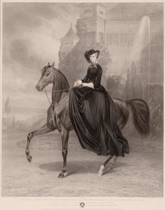 Retrato ecuestre de Isabel de Baviera (1837-1898) (emperatriz de Austria, comúnmente conocida como Sissi). Obra de Andreas Johann Fleischmann (1811-1878), grabado en cobre de Andreas Johann Fleischmann