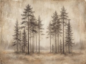Boceto de un bosque de pinos envuelto en niebla