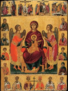 La Virgen y el Niño entronizados (con dos ángeles, la escena está enmarcada por figuras de evangelistas y santos, superada por escenas de la Pasión y abajo, los patriarcas de la Iglesia) - Icono de Andreas
