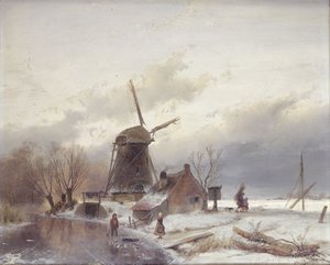 Un paisaje de río congelado con un molino de viento de Andreas Schelfhout