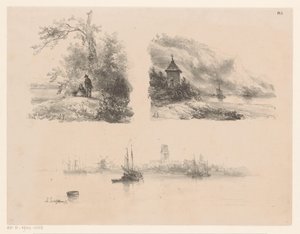 Figuras en un bosque, un río a lo largo de una costa montañosa y barcos en el agua de Andreas Schelfhout