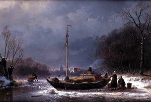 Campesinos junto a un Barco en un Río Congelado
