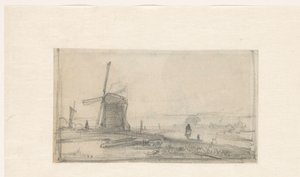 Boceto de un paisaje con un molino a la izquierda de Andreas Schelfhout