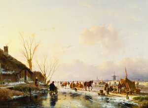 Patinadores junto a una Caseta en un Río Congelado de Andreas Schelfhout
