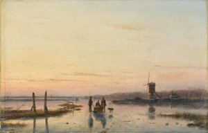 Molino de viento junto a un río helado de Andreas Schelfhout