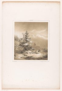 Paisaje invernal con pinos y un hombre con trineo