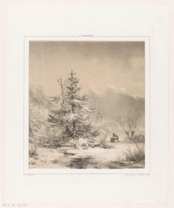 Paisaje invernal con pinos y un hombre con trineo de Andreas Schelfhout