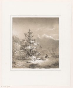Paisaje invernal con pinos y un hombre con trineo de Andreas Schelfhout