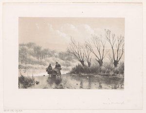 Paisaje invernal con dos figuras sobre el hielo. de Andreas Schelfhout