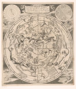 Mapa del cielo con las constelaciones del norte Nuevo espejo celestial: donde a través del cielo, la tierra y el mar inmediatamente (...) (título sobre el objeto) de Andreas van Luchtenburg (possibly)