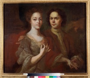 Autorretrato con su esposa (Autorretrato con la esposa) - Pintura de Andrei Matveyevich Matveyev (Matveiev) (1701-1739), óleo sobre lienzo, hacia 1729 - Arte ruso, retrato del siglo XVIII - Museo Estatal Ruso, San Petersburgo de Andrei Matveyev