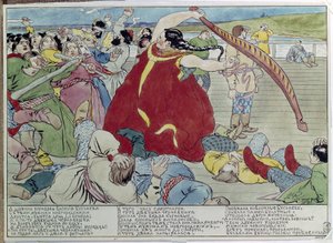 La criada venciendo a los novgorodianos (La criada venció a los novgorodianos). Ilustración de un cuento tradicional de la mitología, con una heroína que defiende la libertad e independencia del pueblo ruso. Obra de Andrei Petrovich Ryabushkin (Riaboutchki de Andrei Petrovich Ryabushkin