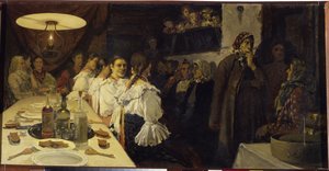 Esperando el regreso de la pareja nupcial de una iglesia en la provincia de Novgorod. Pintura de Andrei Petrovich Ryabushkin (Riabutchkin) (1861-1904), óleo sobre lienzo de Andrei Petrovich Ryabushkin