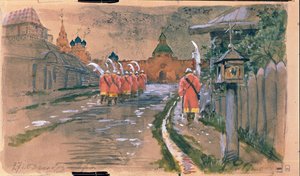 Patrulla callejera en la Puerta Ilyinsky en el Viejo Moscú. Obra de Andrei Petrovich Ryabushkin (Riaboutchkine) (1861-1904), acuarela sobre papel de Andrei Petrovich Ryabushkin