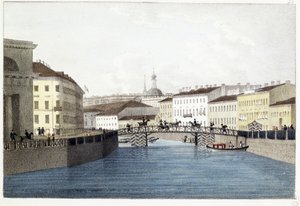 Le pont Bolshoi Koniushennyi a San Petersburgo. (Puente Bolshoi Koniushennyi en San Petersburgo). Litografía y acuarela de Andrei Yefimovich Martynov (1768-1826) de Andrei Yefimovich Martynov