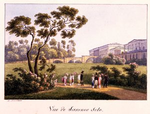 ""Vista de la Galería Cameron en el Parque en Tsarskoye Selo"" por Andrei Yefimovich Martynov (1768-1826), Pluma, pincel, acuarela, tinta y color blanco sobre papel antes de 1817-Galería Estatal Tretyakov, Moscú