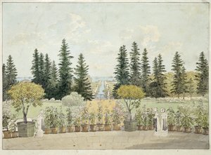 Vista desde la Terraza del Gran Palacio Oranienbaum en Lomonossov, aglomeración de San Petersburgo (Vista desde la Terraza del Gran Palacio Oranienbaum). Obra de Andrei Yefimovich Martynov (1768-1826), acuarela sobre papel de Andrei Yefimovich Martynov