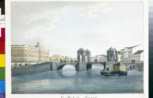 Vista del Puente Simeón en San Petersburgo. (El Puente Simeón en San Petersburgo). Litografía y acuarela de Andrei Yefimovich Martynov (1768-1826)