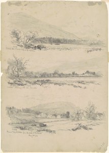 Montañas Catskill, Round-Top en la distancia; Catskills mirando al norte desde Palenville; y Round Top, Catskills, desde el camino a Bracketts [verso] de Andrew Fisher Bunner
