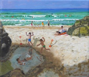 Diversión en la piscina marina, St Ives, 2024 (óleo sobre lienzo) de Andrew Macara