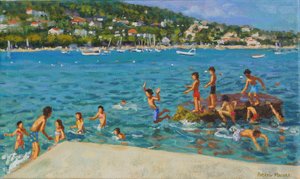 Saltando de las rocas; Cinque Terre, Positano, Italia, 2000 de Andrew Macara