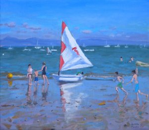 Velero rojo y blanco ,Abersoch (óleo sobre lienzo) de Andrew Macara