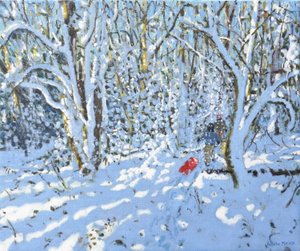 Trineo rojo, Allestree Park, Derby, 2022 (óleo sobre lienzo) de Andrew Macara