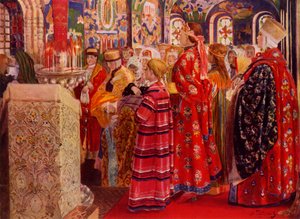Mujeres rusas del siglo XVII en la iglesia, 1899, 1965 de Andrey Ryabushkin
