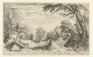 Paisaje con un ciervo en un puente. Paisajes (título de la serie) de Andries Jacobsz. Stock