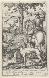 Esqueleto con flecha y cetrero, en medio de animales Esqueletos de animales (título de la serie) de Andries Jacobsz. Stock
