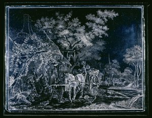 Ventana con caballo y carruaje y algunas figuras para una posada