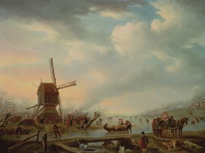 Un extenso paisaje invernal con figuras patinando