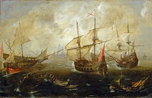 Maniobra entre barcos británicos (derecha) y españoles, los barcos se acercan, parecían muy cargados, probablemente con soldados de Andries van Eertvelt