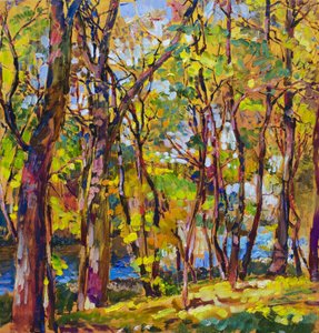 Un arroyo otoñal en el bosque, lleno de colorido de Andrii Kutsachenko